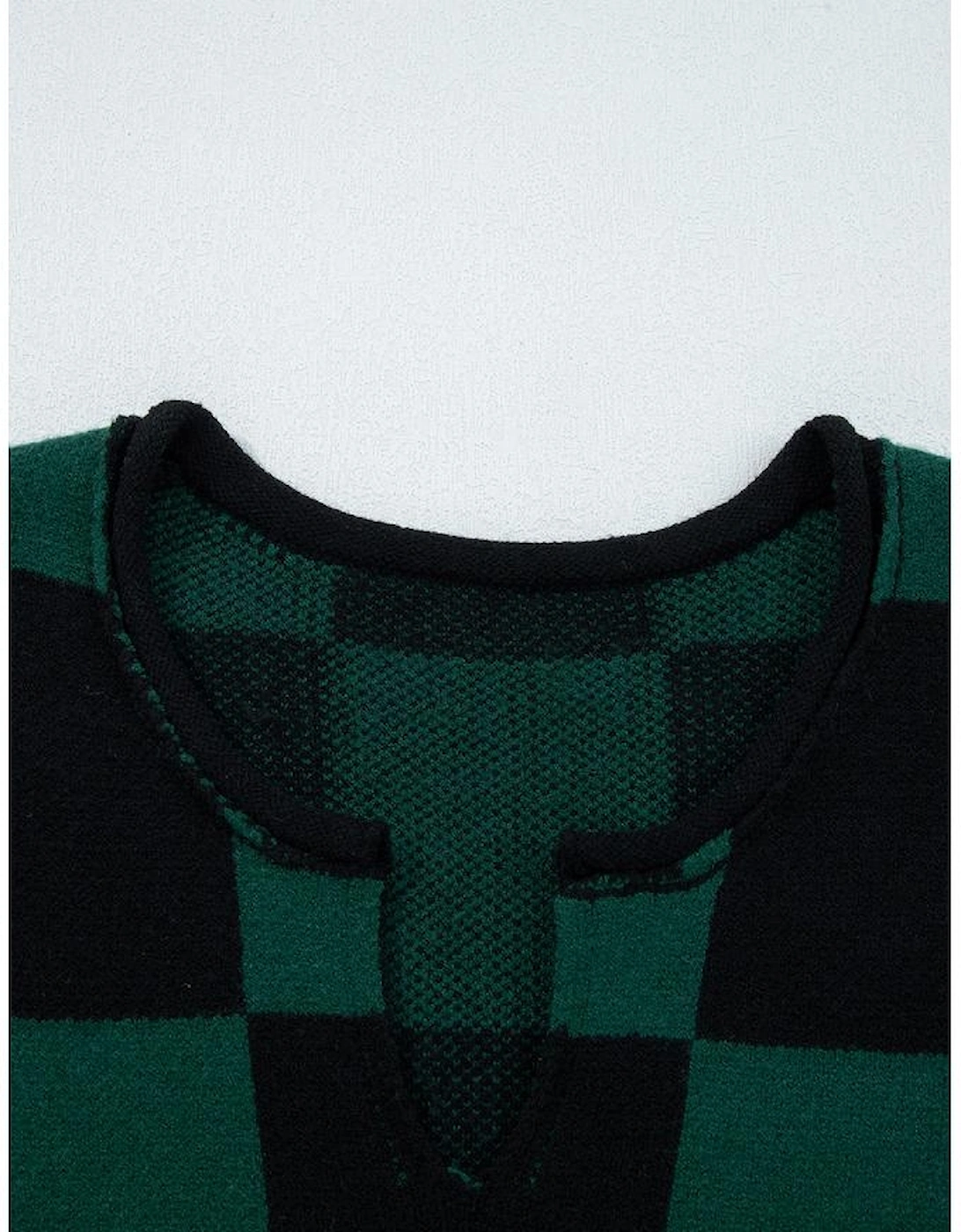 Green Checked Notched Neckline Drop Shoulder Knit Sweater
