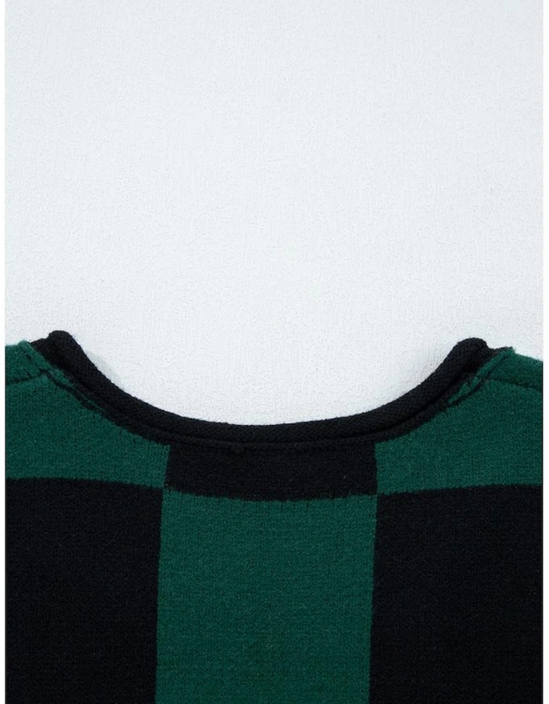 Green Checked Notched Neckline Drop Shoulder Knit Sweater