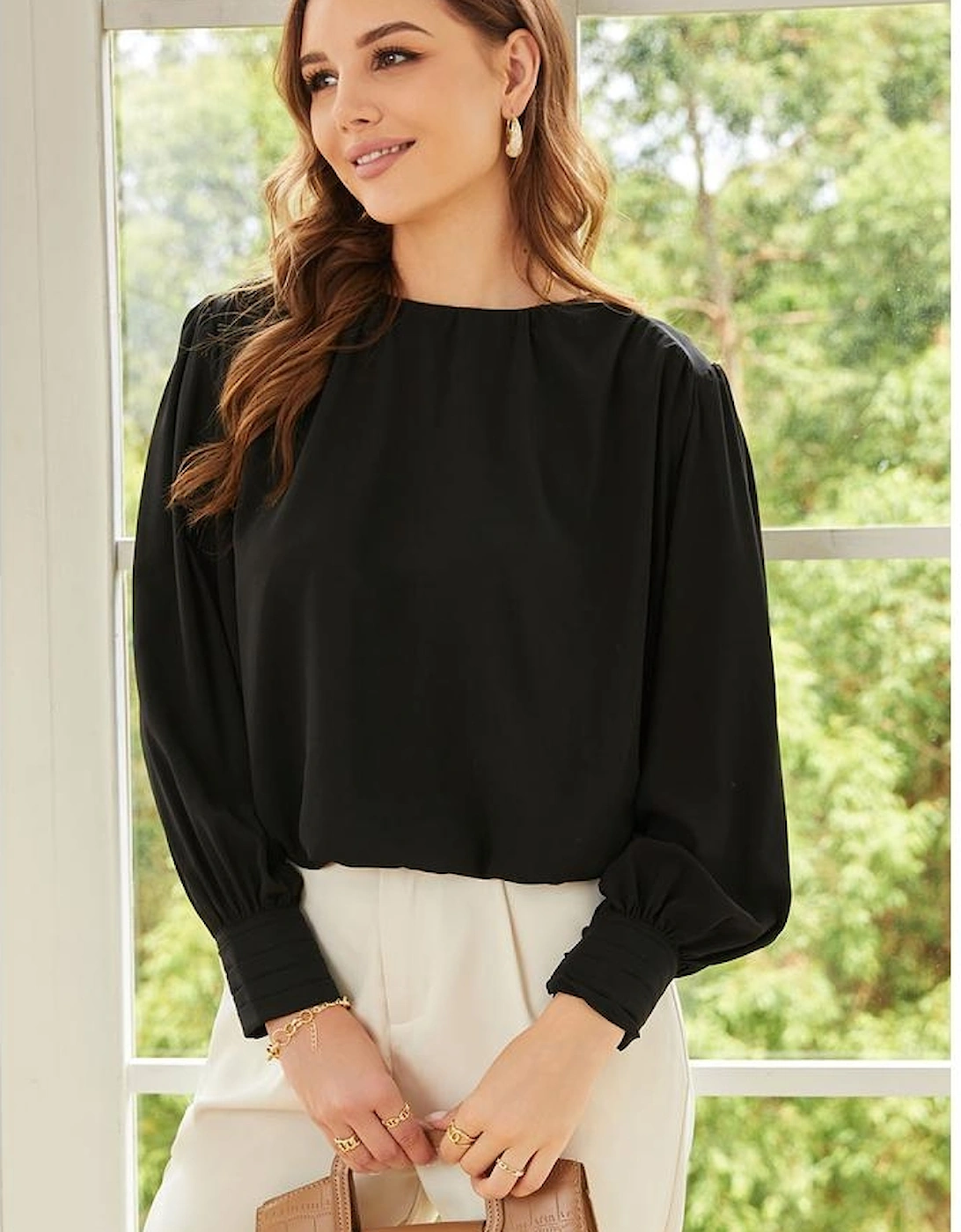 Black Padded Shoulder Buttoned Cuffs Pleated Loose Blouse, 17 of 16