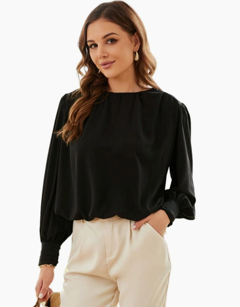 Black Padded Shoulder Buttoned Cuffs Pleated Loose Blouse