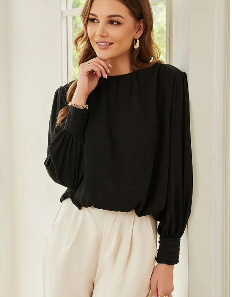 Black Padded Shoulder Buttoned Cuffs Pleated Loose Blouse