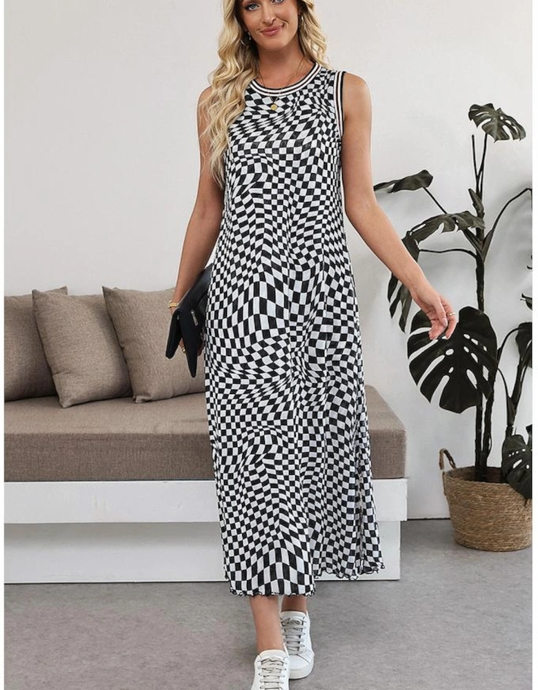 Multicolour Leopard Checkered Double Printed Reversible Sleeveless Long Dress