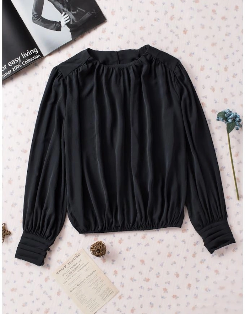 Black Padded Shoulder Buttoned Cuffs Pleated Loose Blouse