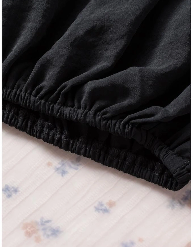 Black Padded Shoulder Buttoned Cuffs Pleated Loose Blouse