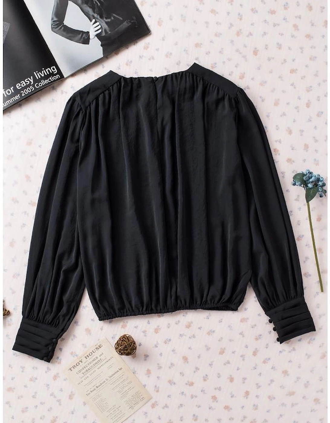 Black Padded Shoulder Buttoned Cuffs Pleated Loose Blouse