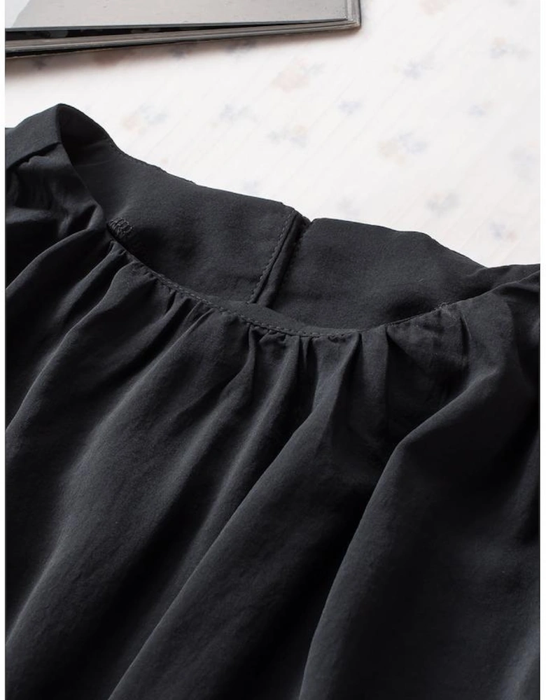 Black Padded Shoulder Buttoned Cuffs Pleated Loose Blouse