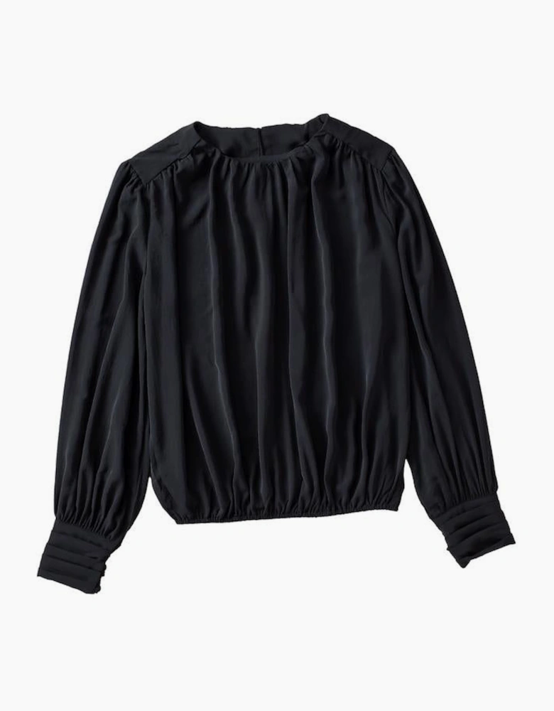 Black Padded Shoulder Buttoned Cuffs Pleated Loose Blouse