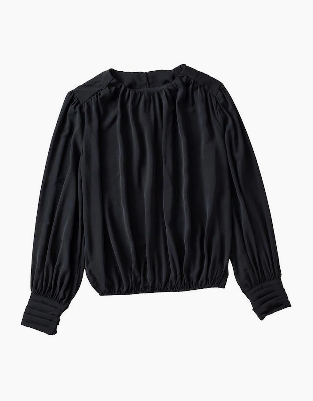 Black Padded Shoulder Buttoned Cuffs Pleated Loose Blouse