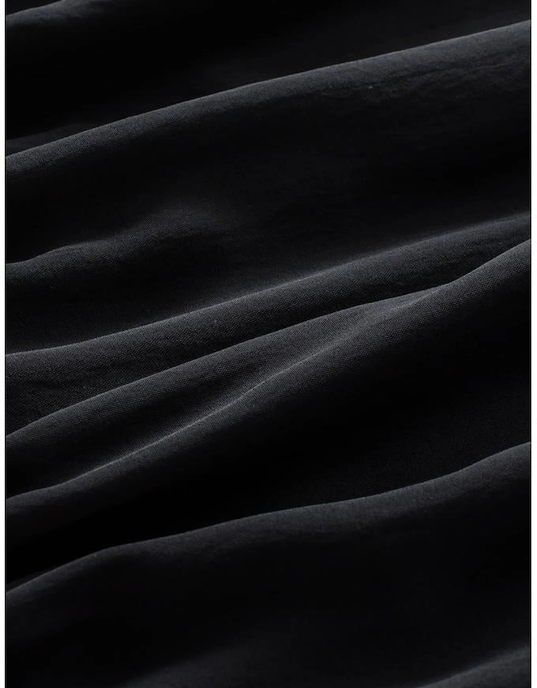 Black Padded Shoulder Buttoned Cuffs Pleated Loose Blouse