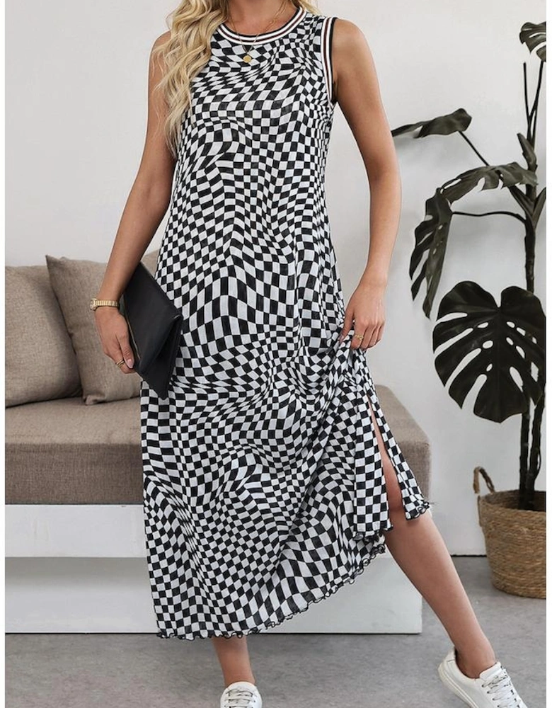Multicolour Leopard Checkered Double Printed Reversible Sleeveless Long Dress
