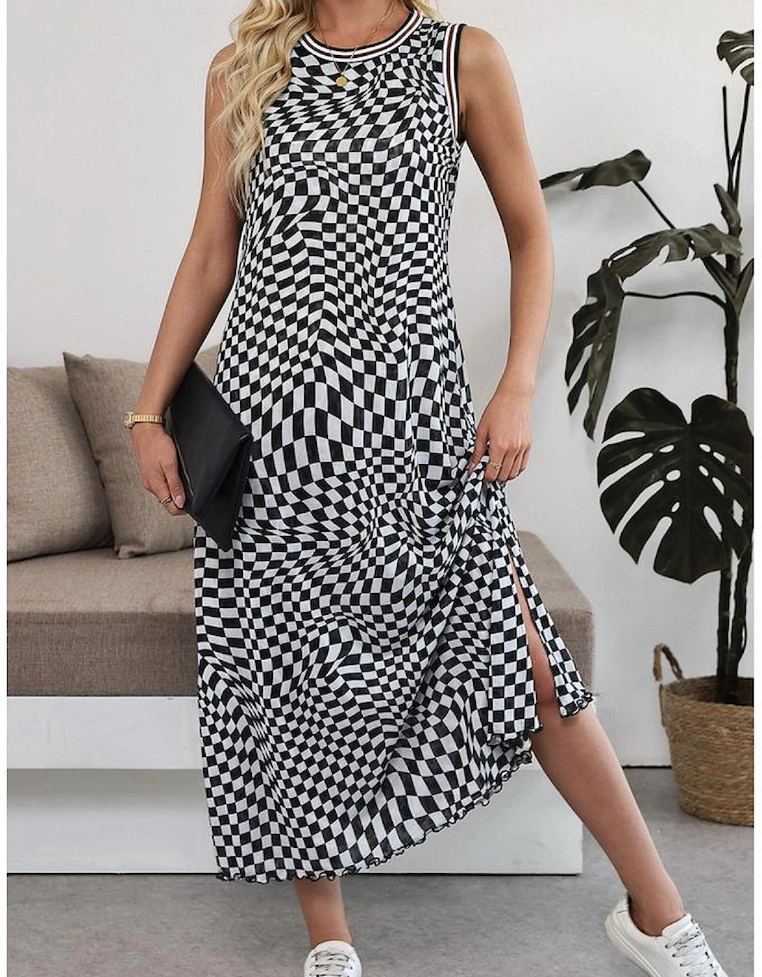 Multicolour Leopard Checkered Double Printed Reversible Sleeveless Long Dress