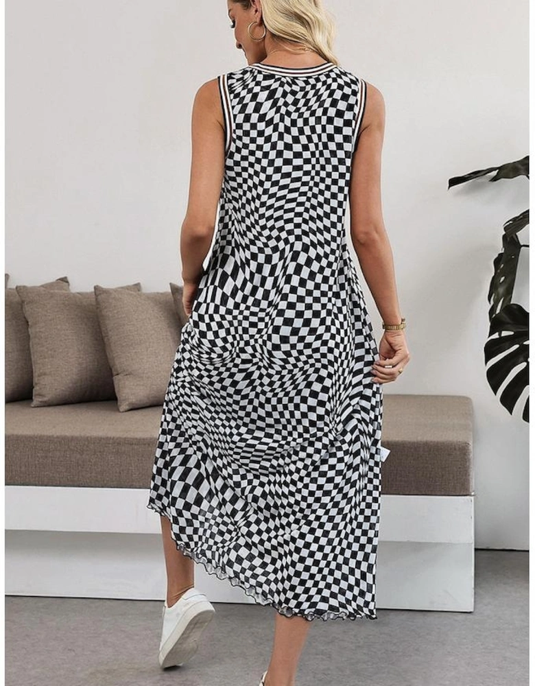 Multicolour Leopard Checkered Double Printed Reversible Sleeveless Long Dress