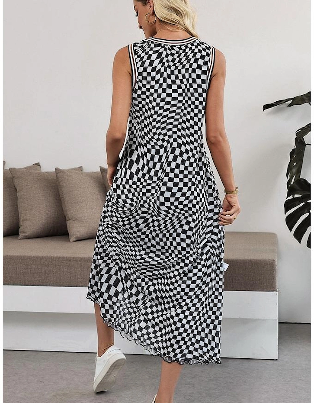 Multicolour Leopard Checkered Double Printed Reversible Sleeveless Long Dress