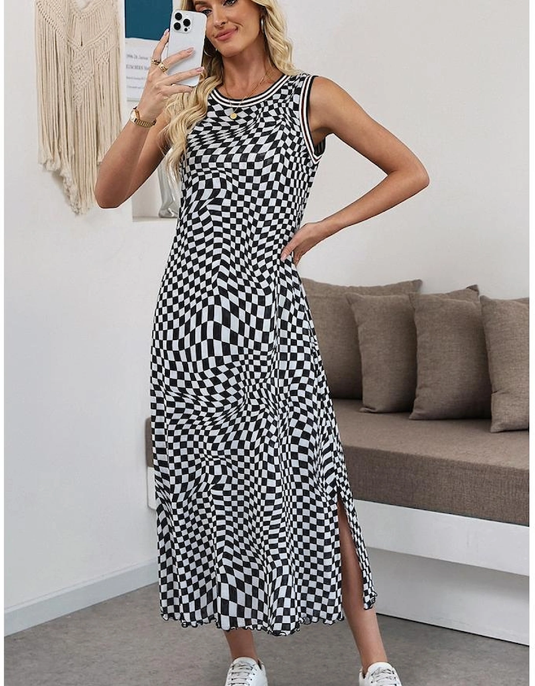 Multicolour Leopard Checkered Double Printed Reversible Sleeveless Long Dress