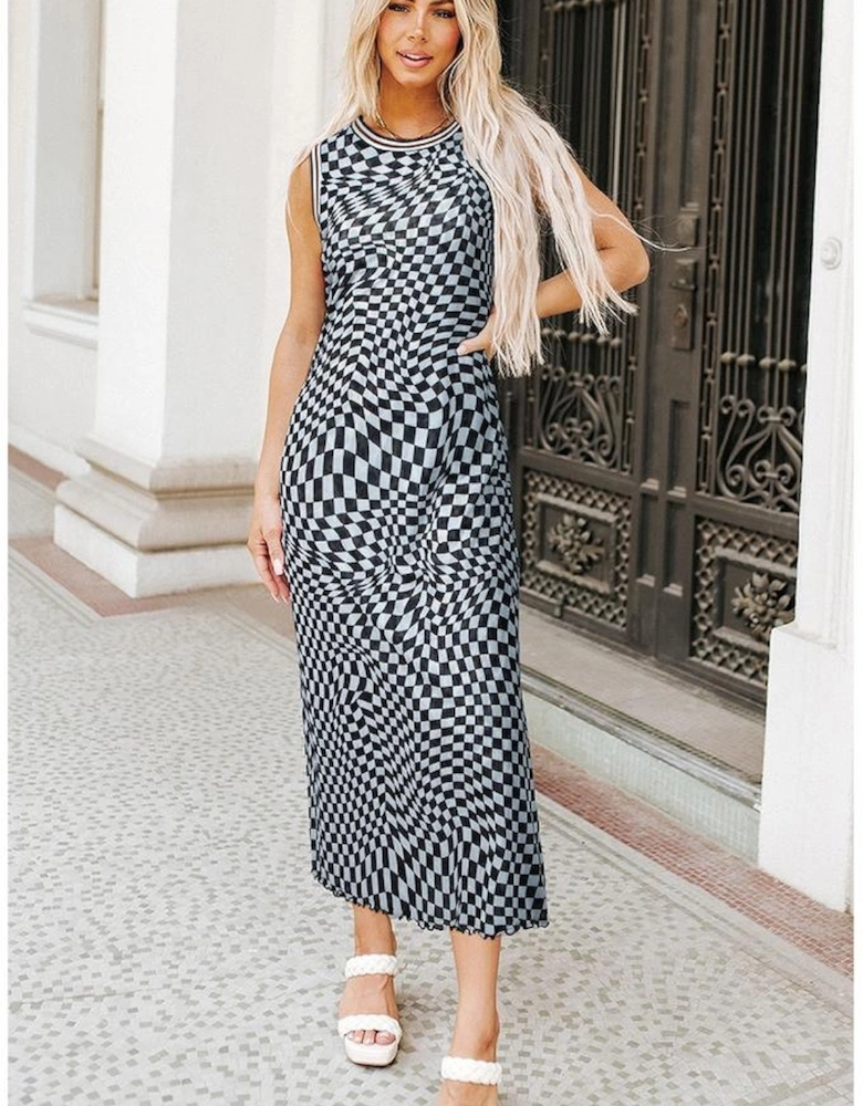 Multicolour Leopard Checkered Double Printed Reversible Sleeveless Long Dress
