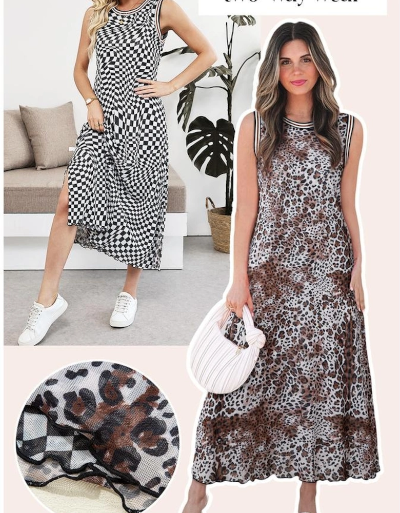 Multicolour Leopard Checkered Double Printed Reversible Sleeveless Long Dress