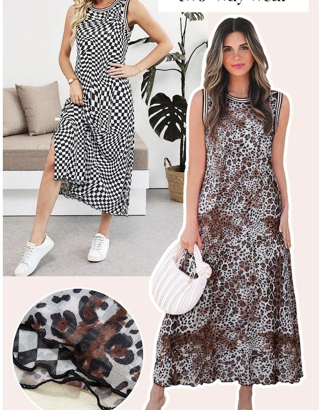 Multicolour Leopard Checkered Double Printed Reversible Sleeveless Long Dress