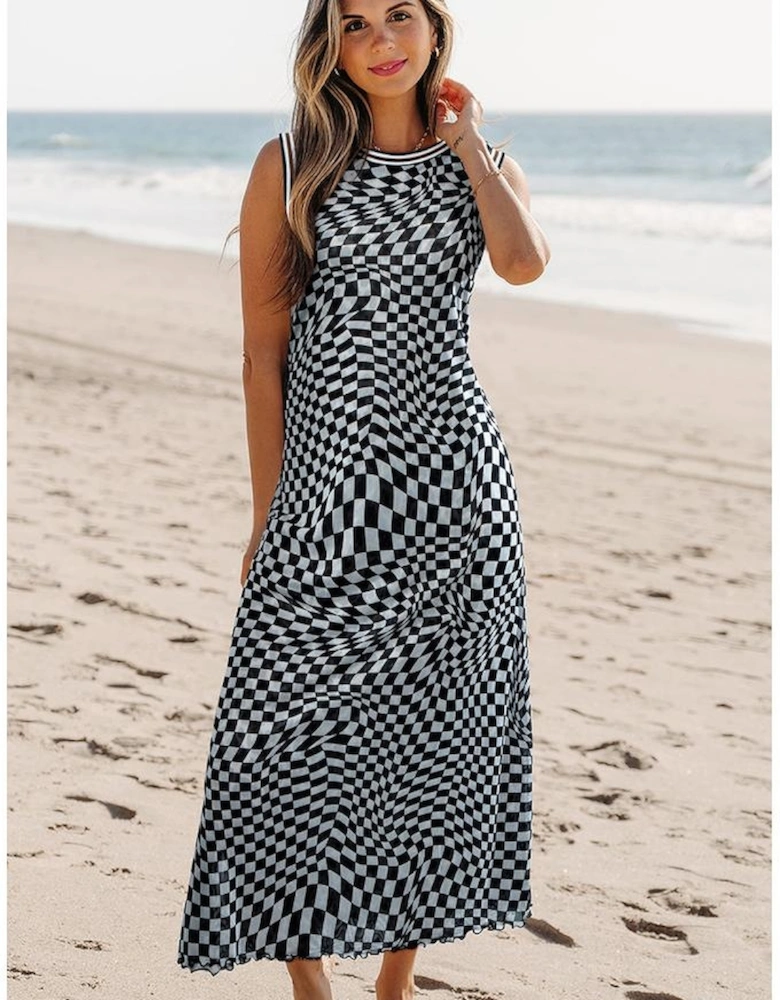 Multicolour Leopard Checkered Double Printed Reversible Sleeveless Long Dress