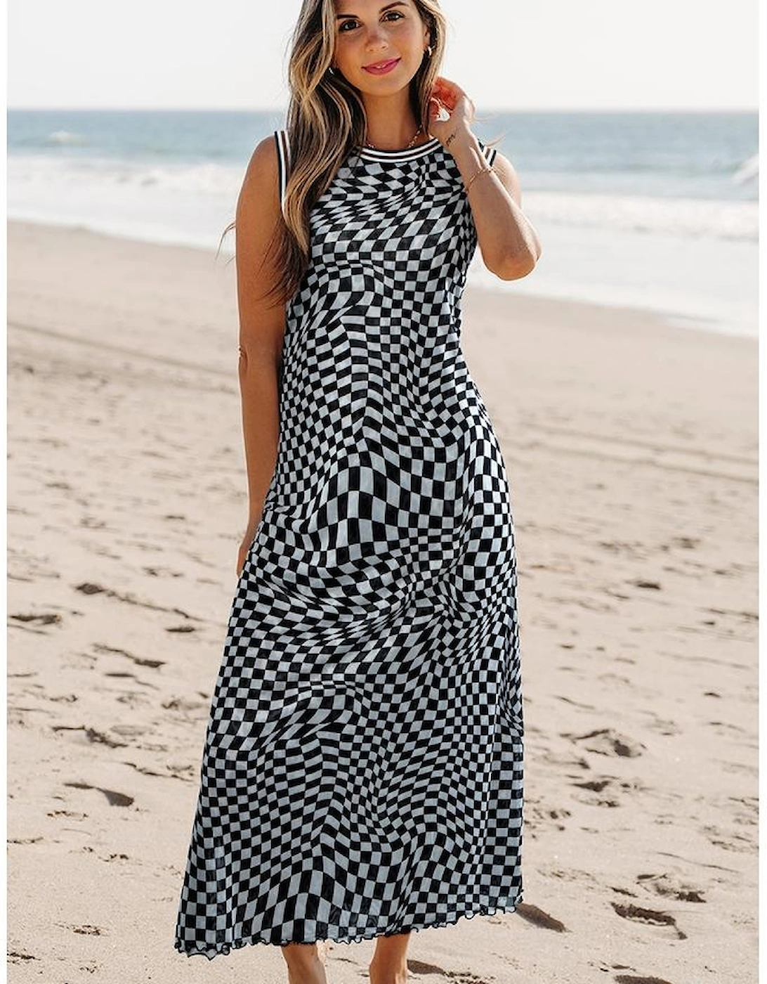 Multicolour Leopard Checkered Double Printed Reversible Sleeveless Long Dress