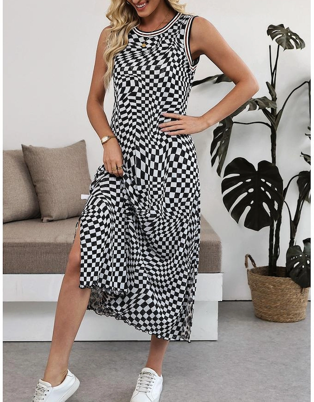 Multicolour Leopard Checkered Double Printed Reversible Sleeveless Long Dress