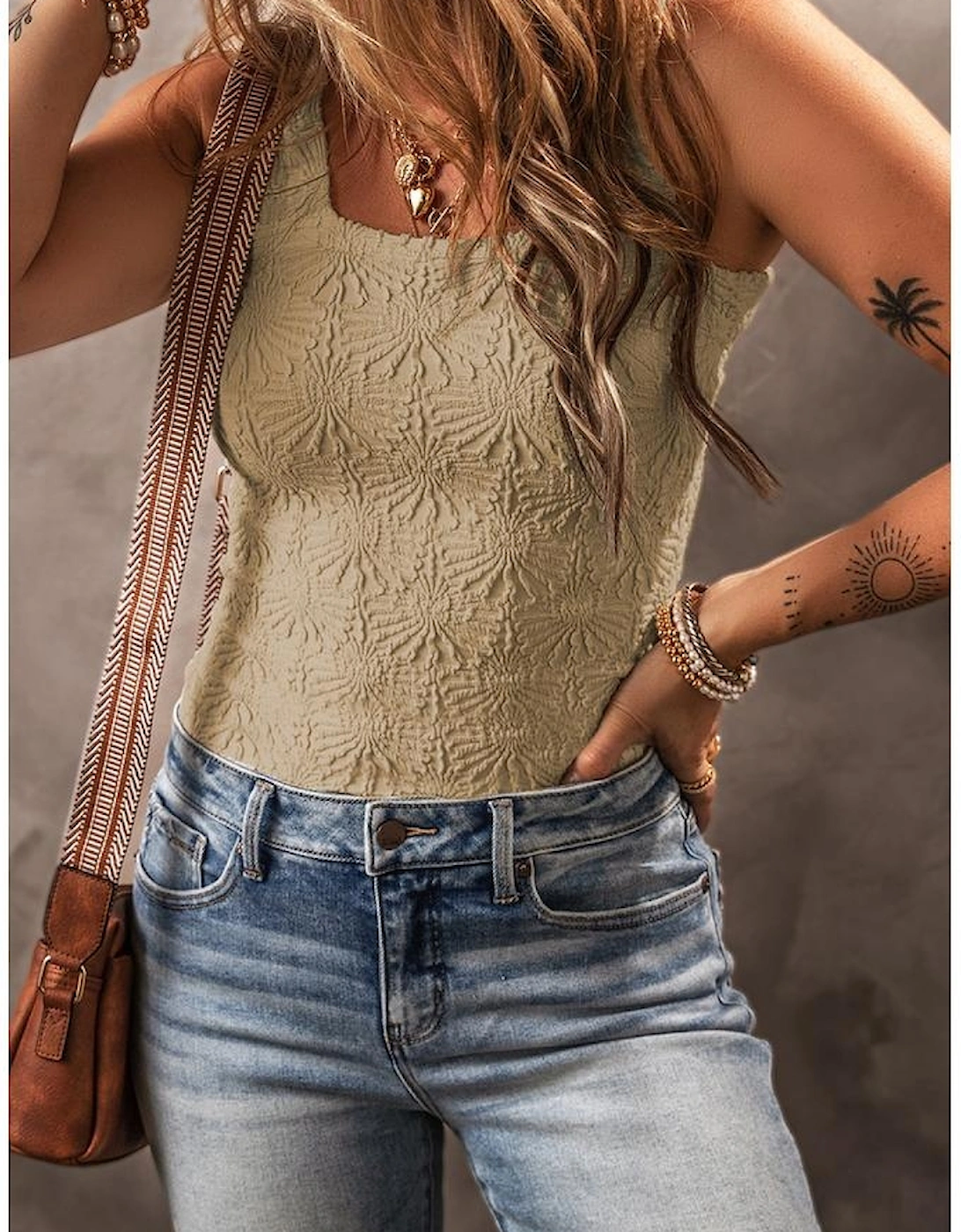 Smoke Gray Floral Jacquard Square Neck Tank Top, 6 of 5