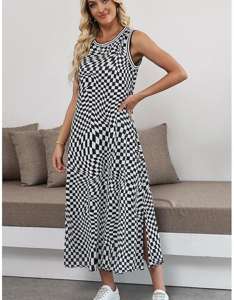 Multicolour Leopard Checkered Double Printed Reversible Sleeveless Long Dress