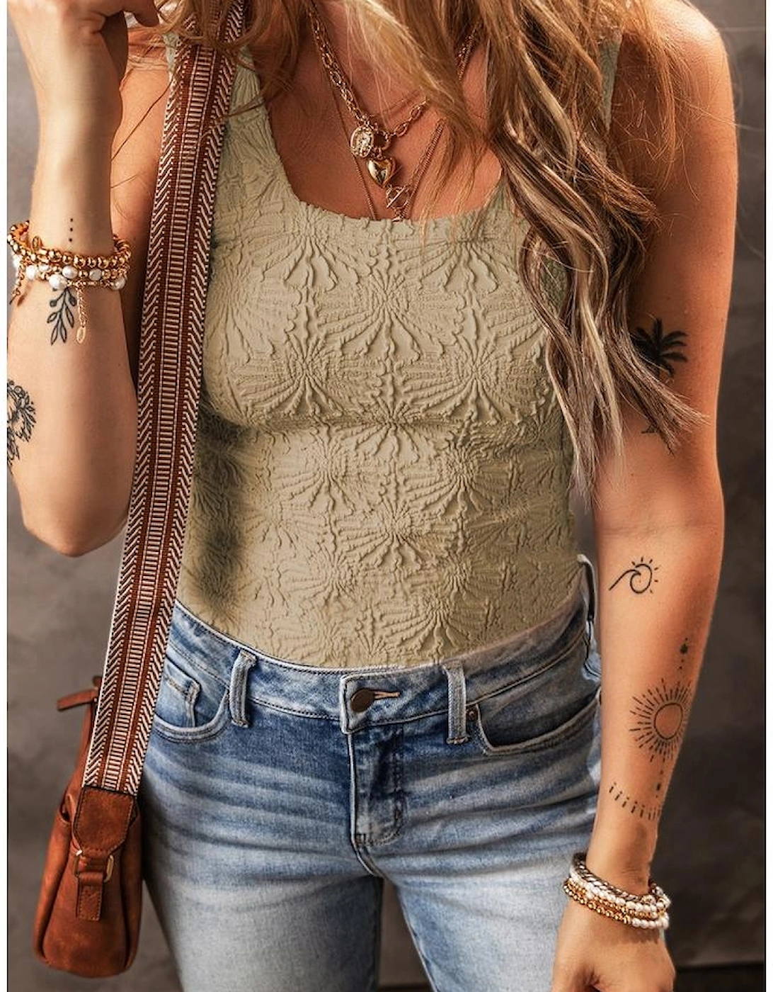 Smoke Gray Floral Jacquard Square Neck Tank Top