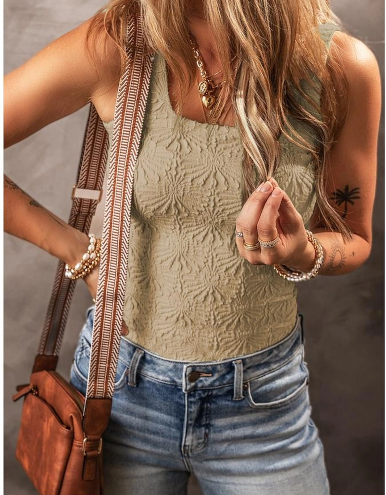 Smoke Gray Floral Jacquard Square Neck Tank Top