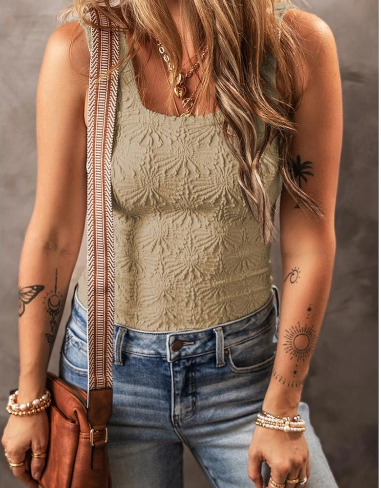 Smoke Gray Floral Jacquard Square Neck Tank Top