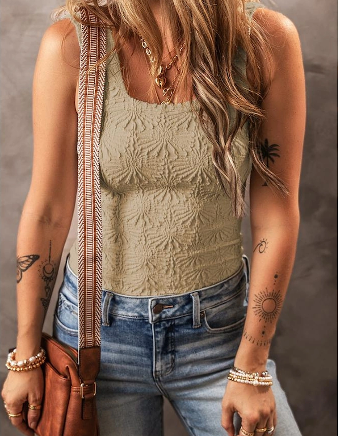 Smoke Gray Floral Jacquard Square Neck Tank Top