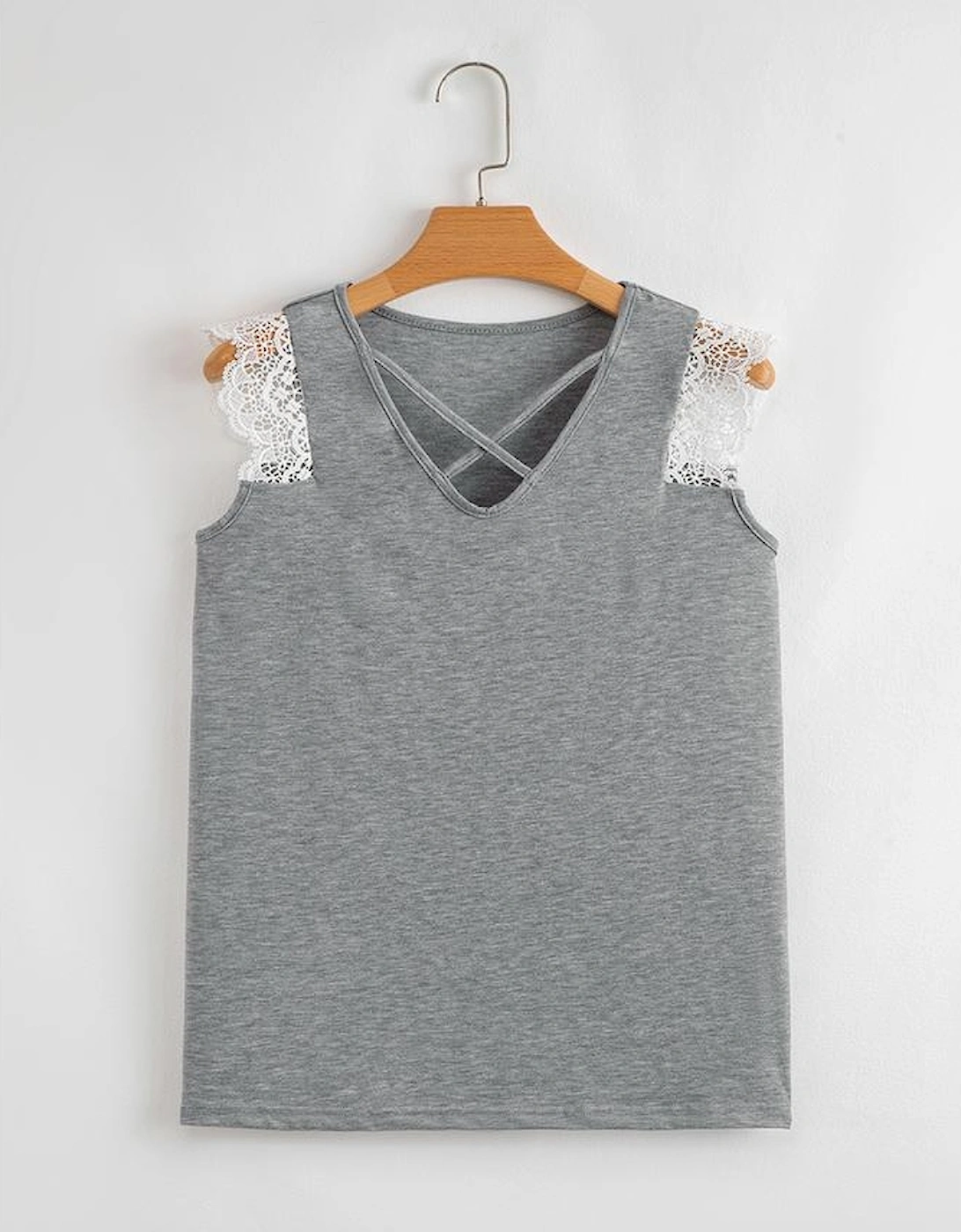 Gray Lace Patchwork Criss Cross V Neck Tank Top