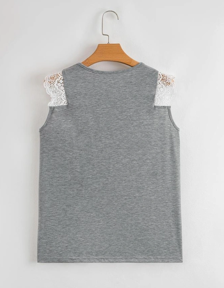 Gray Lace Patchwork Criss Cross V Neck Tank Top