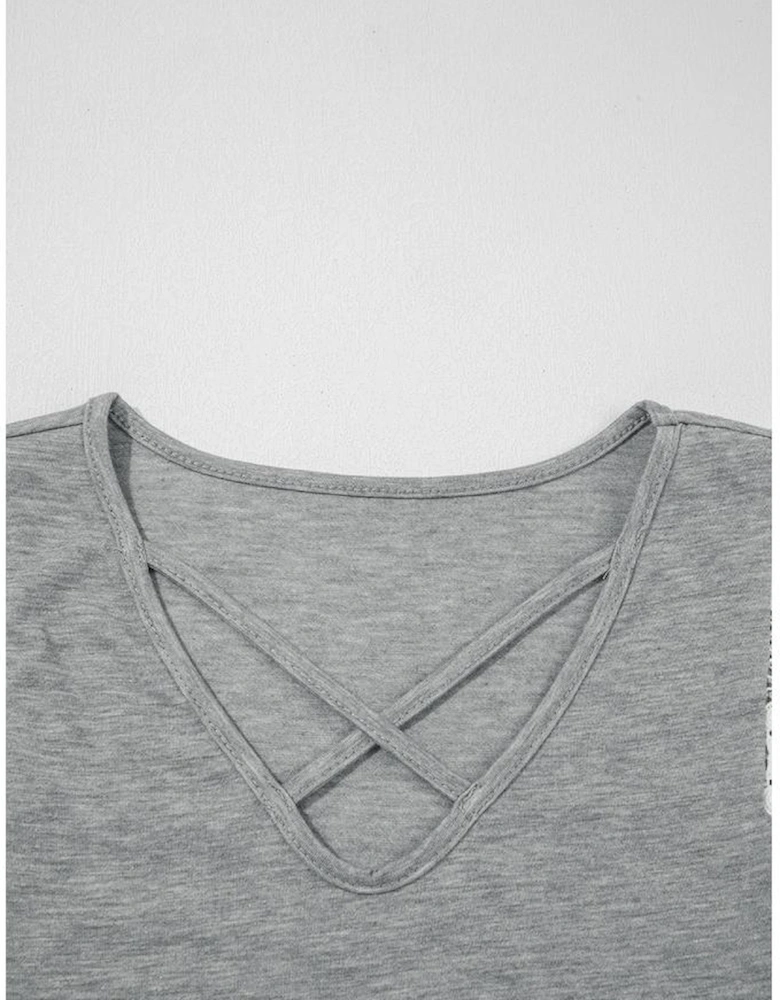 Gray Lace Patchwork Criss Cross V Neck Tank Top