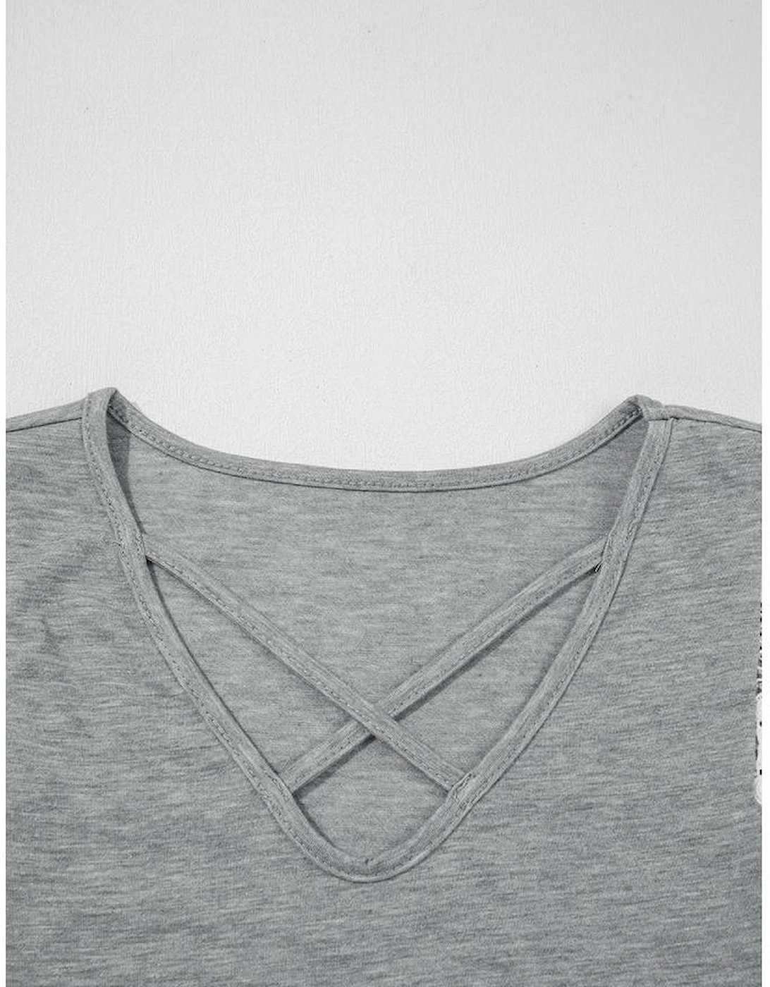 Gray Lace Patchwork Criss Cross V Neck Tank Top