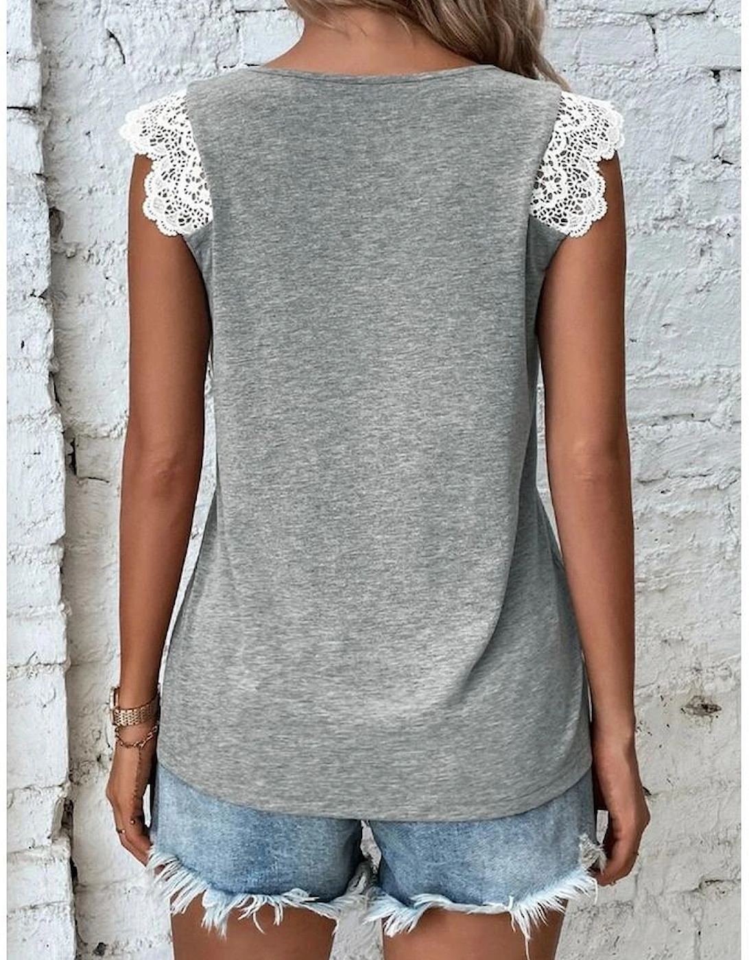 Gray Lace Patchwork Criss Cross V Neck Tank Top, 12 of 11