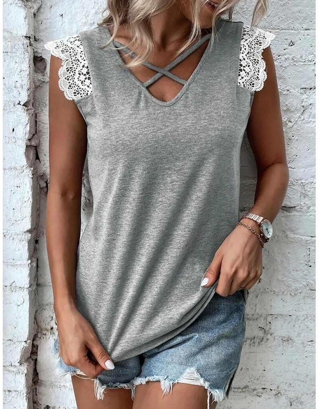 Gray Lace Patchwork Criss Cross V Neck Tank Top