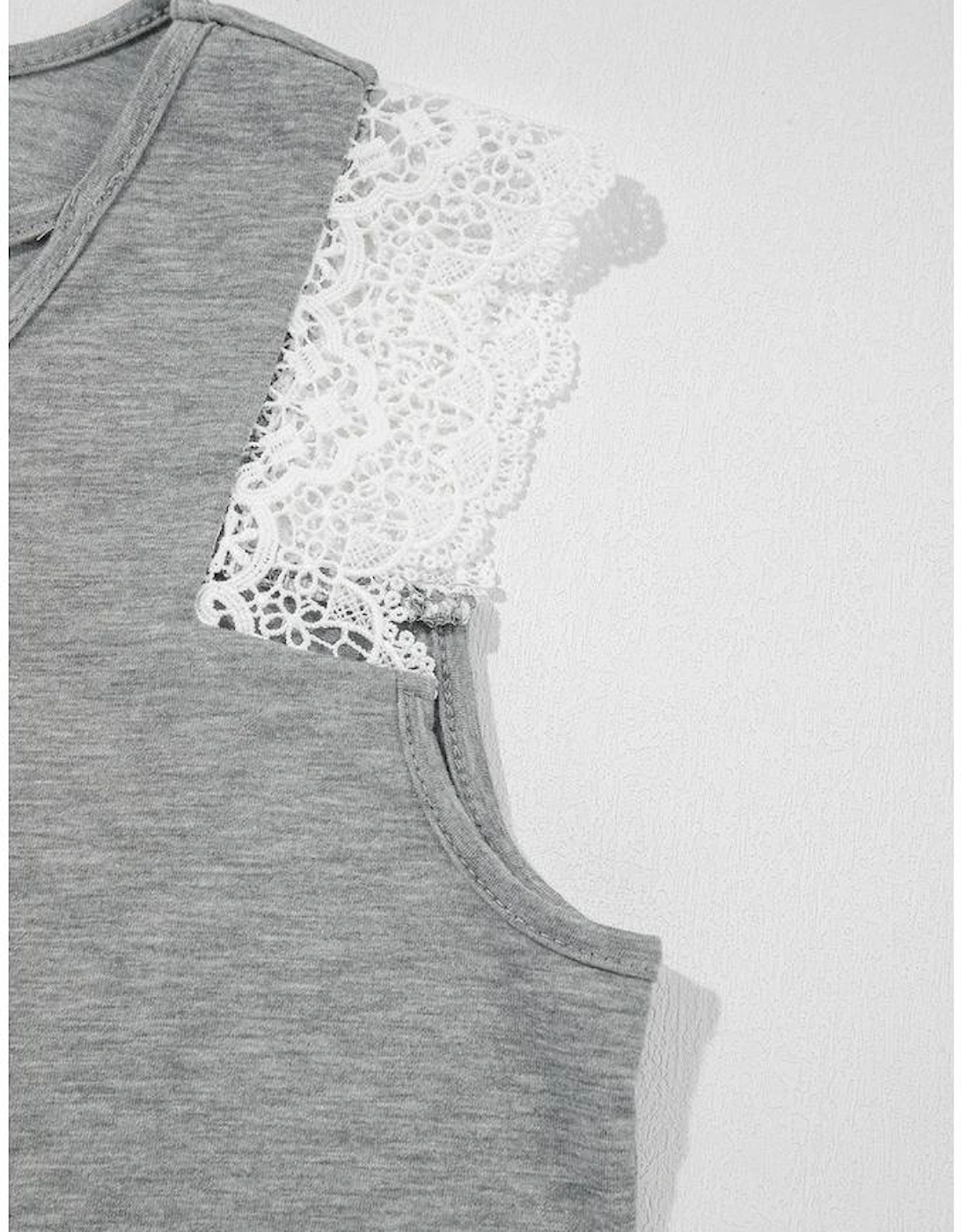 Gray Lace Patchwork Criss Cross V Neck Tank Top