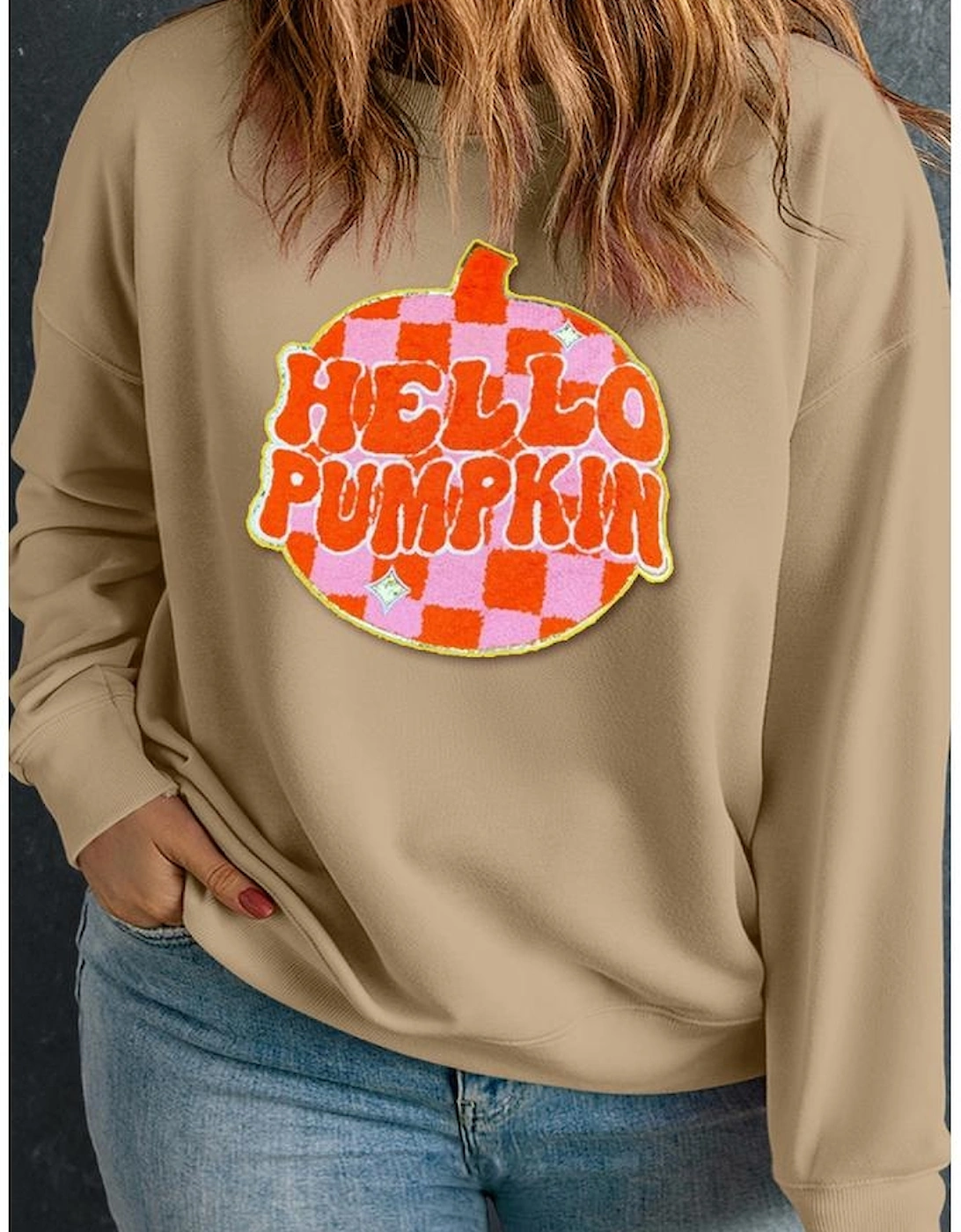 Apricot Plus Hello Pumpkin Pattern Drop Shoulder Halloween Sweatshirt, 3 of 2