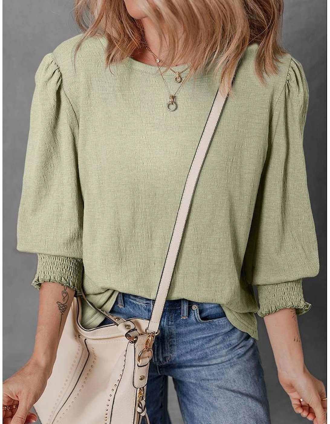 Laurel Green Textured Round Neck Half Sleeve Blouse