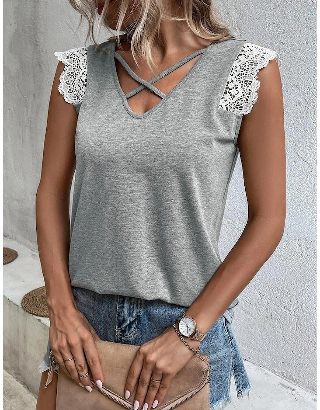 Gray Lace Patchwork Criss Cross V Neck Tank Top