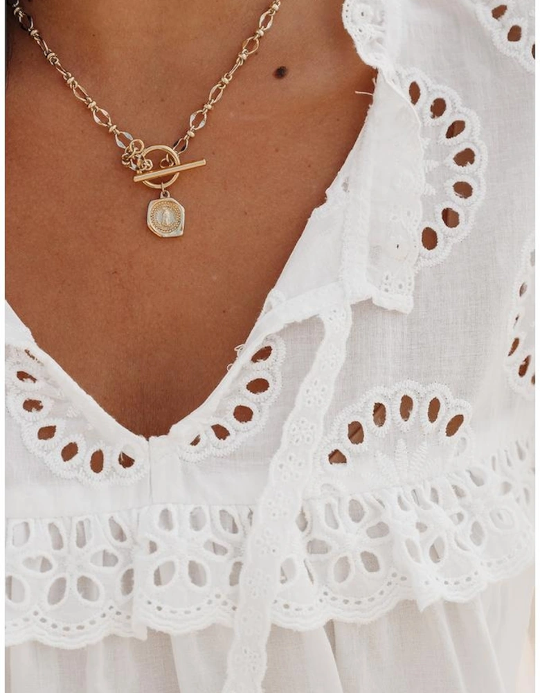 White Embroidered Lace Patchwork Tie Neck Puff Short Sleeve Blouse