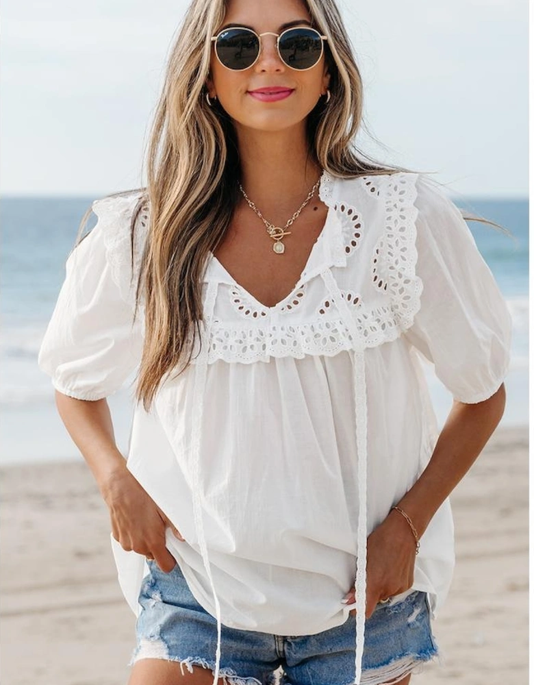 White Embroidered Lace Patchwork Tie Neck Puff Short Sleeve Blouse