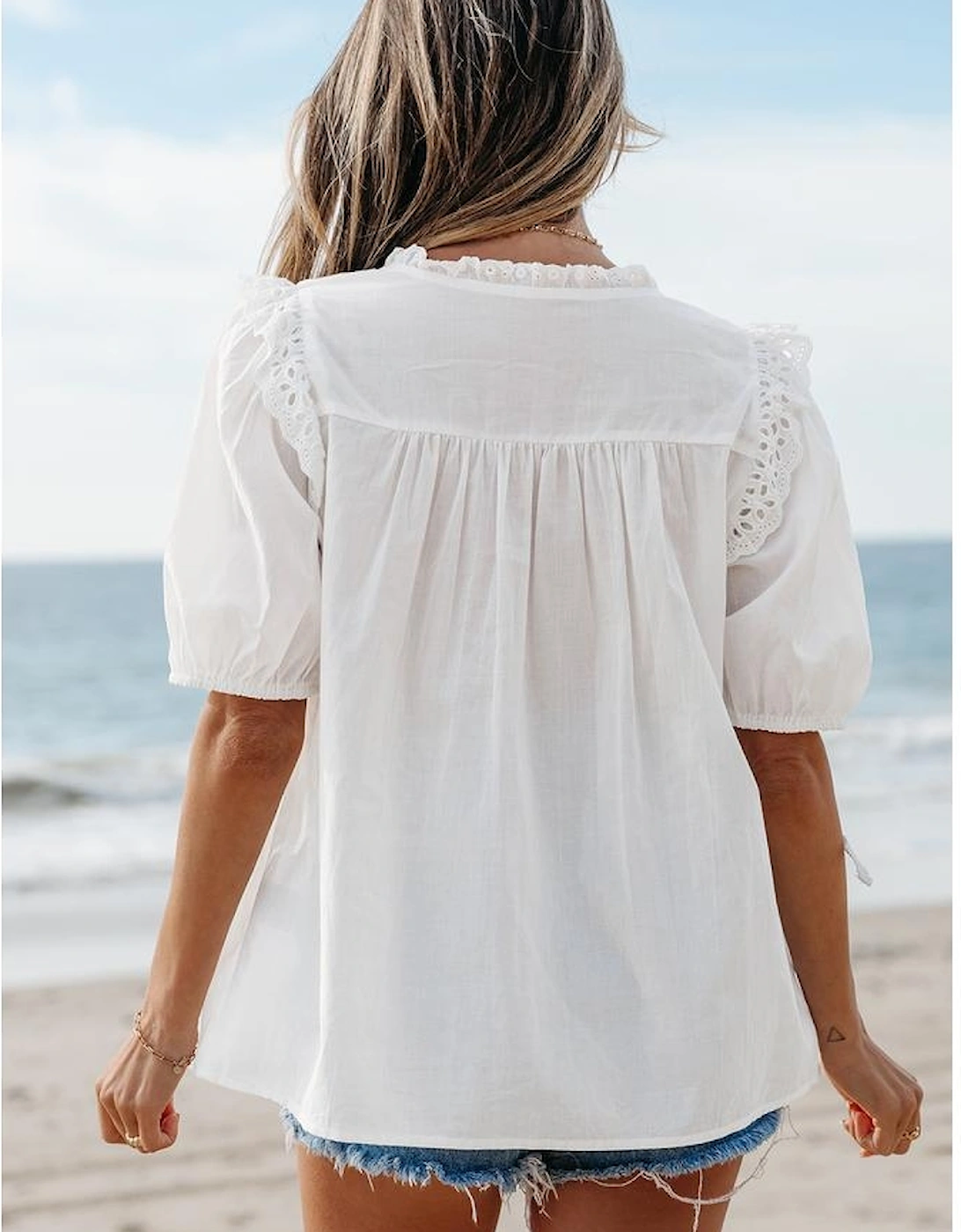 White Embroidered Lace Patchwork Tie Neck Puff Short Sleeve Blouse, 16 of 15