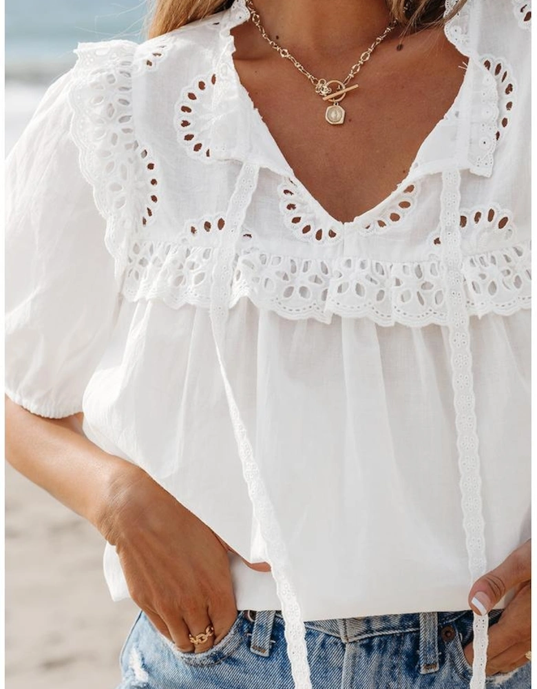 White Embroidered Lace Patchwork Tie Neck Puff Short Sleeve Blouse