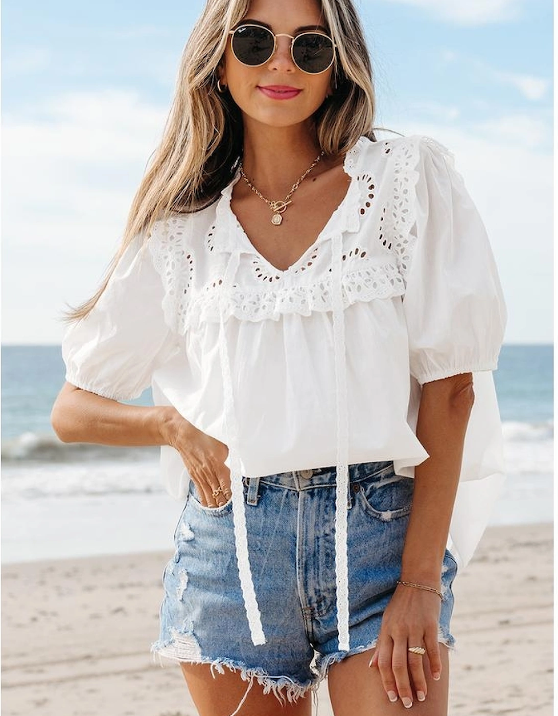 White Embroidered Lace Patchwork Tie Neck Puff Short Sleeve Blouse
