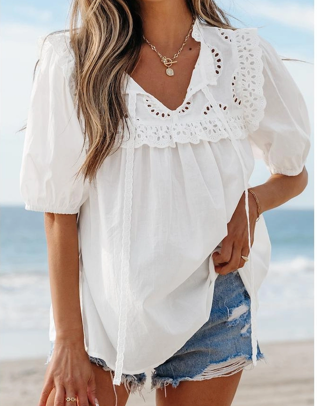 White Embroidered Lace Patchwork Tie Neck Puff Short Sleeve Blouse