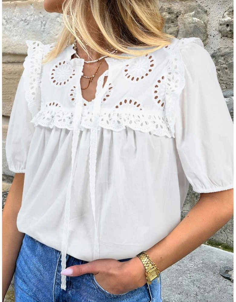 White Embroidered Lace Patchwork Tie Neck Puff Short Sleeve Blouse