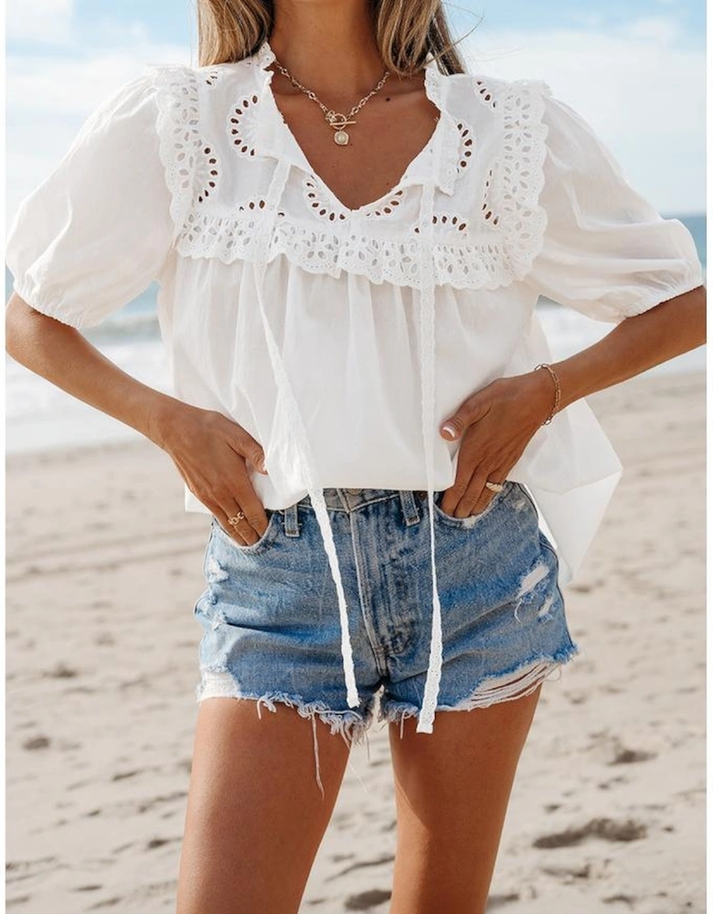 White Embroidered Lace Patchwork Tie Neck Puff Short Sleeve Blouse