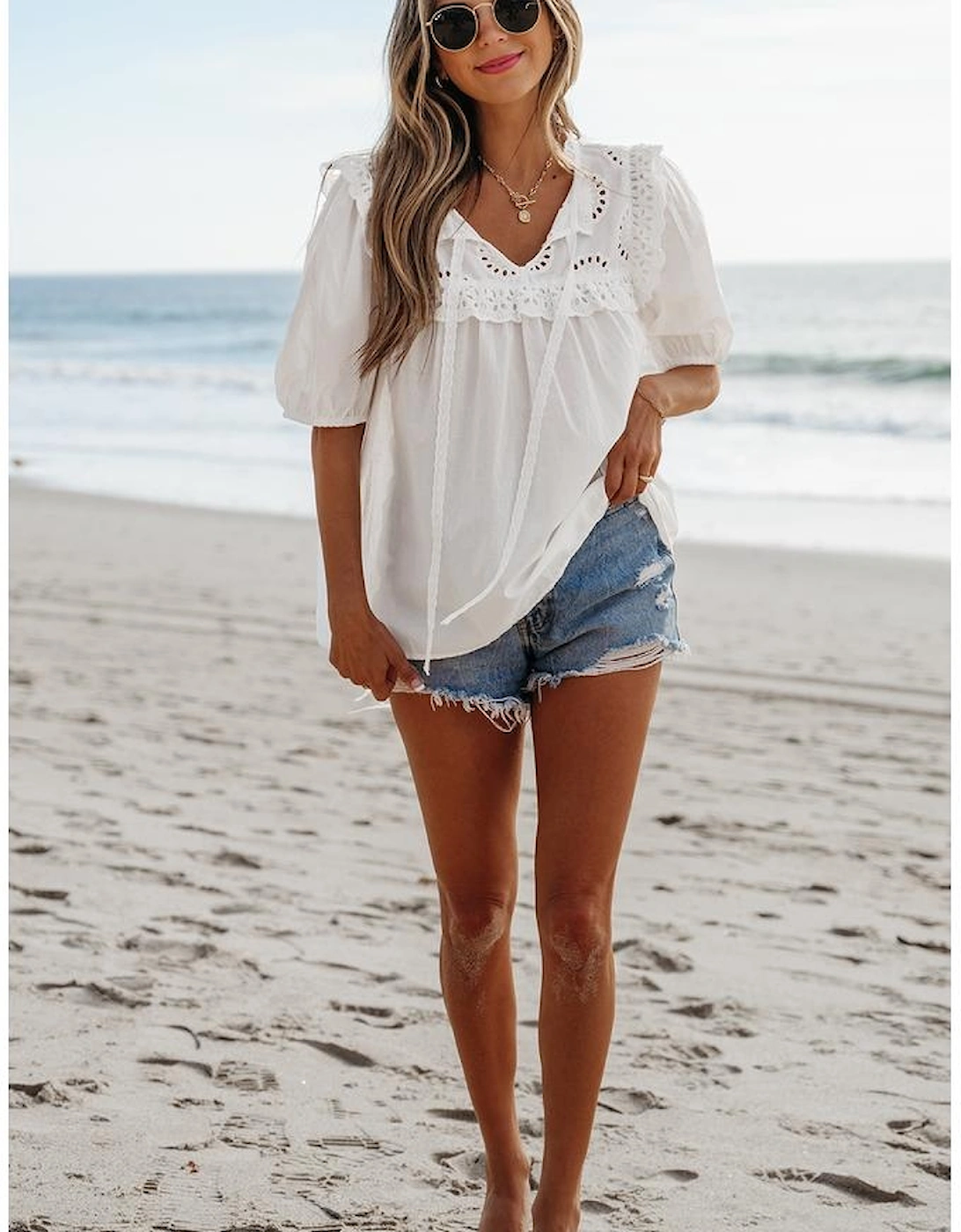 White Embroidered Lace Patchwork Tie Neck Puff Short Sleeve Blouse