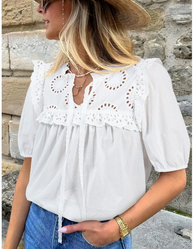 White Embroidered Lace Patchwork Tie Neck Puff Short Sleeve Blouse
